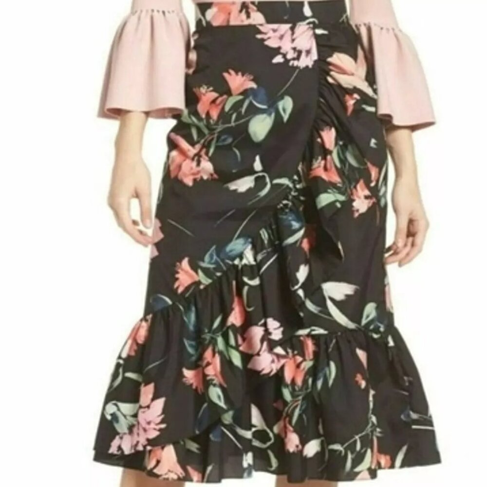 Eliza J Black Floral Taffeta Ruffle Flouncy Skirt. SZ 10 - Picture 5 of 5